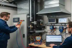 Technician performing annual HVAC check in Calgary home