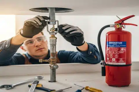 Emergency sprinkler leak technician repairing pipe