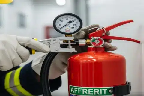 Technicians performing fire extinguisher inspections Calgary
