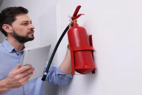 Fire extinguisher properly mounted on Calgary office wall