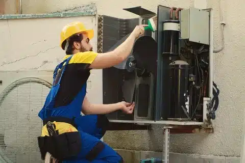 HVAC technician repairing AC refrigerant leak in Calgary