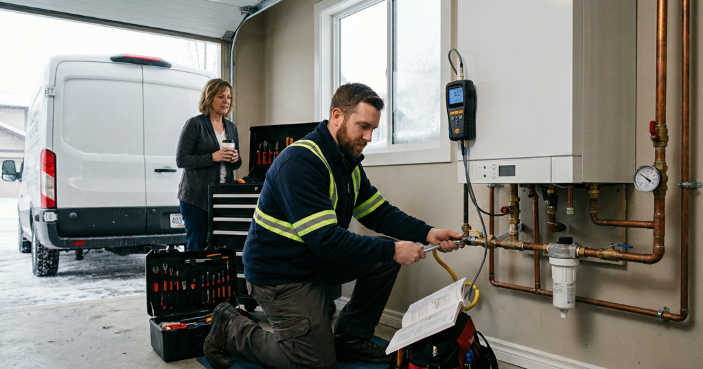 A professional Ray-Z Plumbing and Heating technician performing expert boiler repair and maintenance services in Calgary.