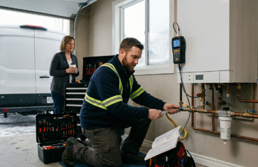 A professional Ray-Z Plumbing and Heating technician performing expert boiler repair and maintenance services in Calgary.