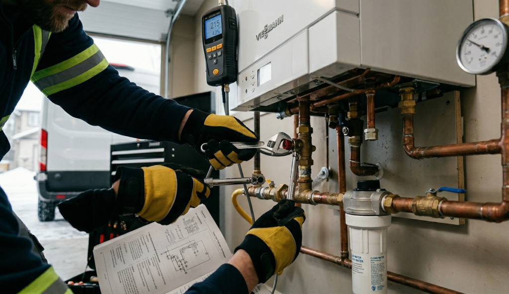 Technical close-up shot of professional boiler repair and maintenance services in Calgary being performed by a licensed professional.
