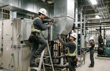 A professional mechanical engineer and technician discussing commercial mechanical planning & installation services in Calgary for a new development.