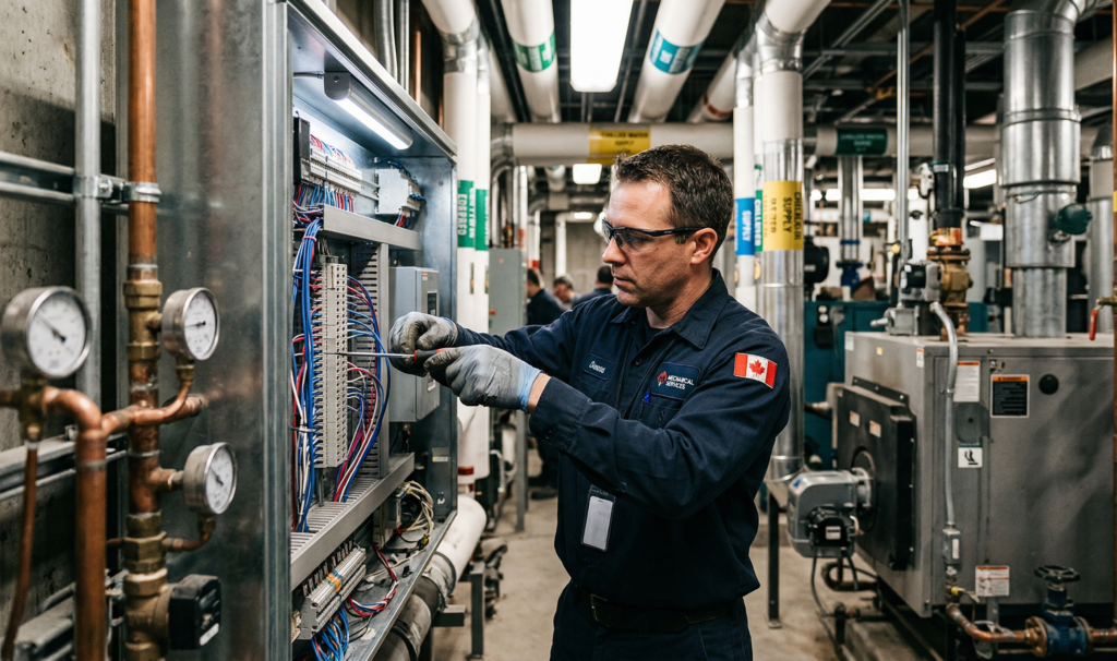 Close-up technical work shot during the execution of commercial mechanical planning & installation services in Calgary.