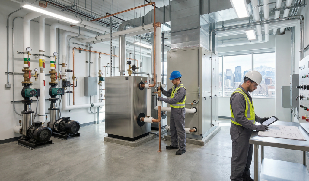 A clean and organized commercial mechanical room environment in Calgary following expert planning and installation.