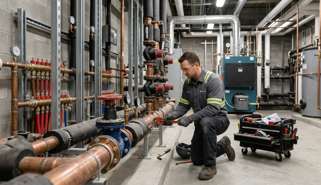 A professional Ray-Z Plumbing and Heating technician performing expert commercial plumbing services in Calgary at a local restaurant.