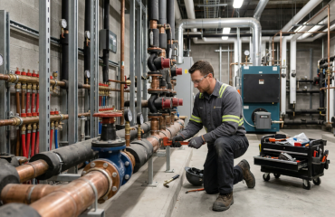 A professional Ray-Z Plumbing and Heating technician performing expert commercial plumbing services in Calgary at a local restaurant.