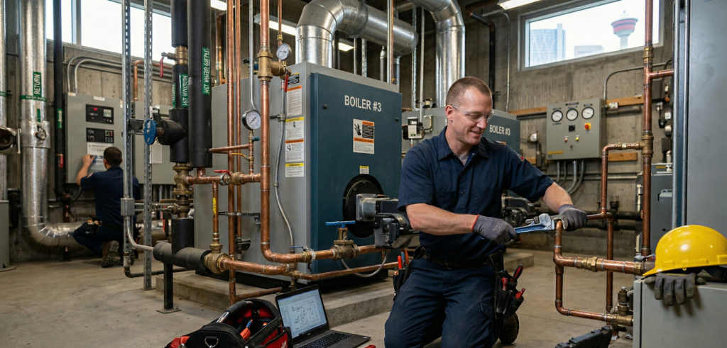 A professional Ray-Z Plumbing and Heating technician performing expert commercial plumbing services in Calgary.