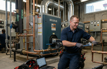 A professional Ray-Z Plumbing and Heating technician performing expert commercial plumbing services in Calgary.