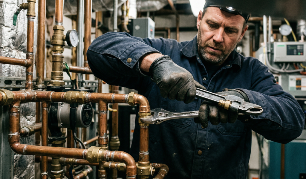 Technical close-up shot of professional commercial plumbing services in Calgary being performed by a licensed Ray-Z plumber.
