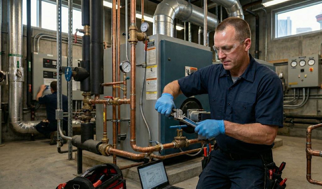 Close-up technical work during a commercial plumbing services project in Calgary by licensed professionals.