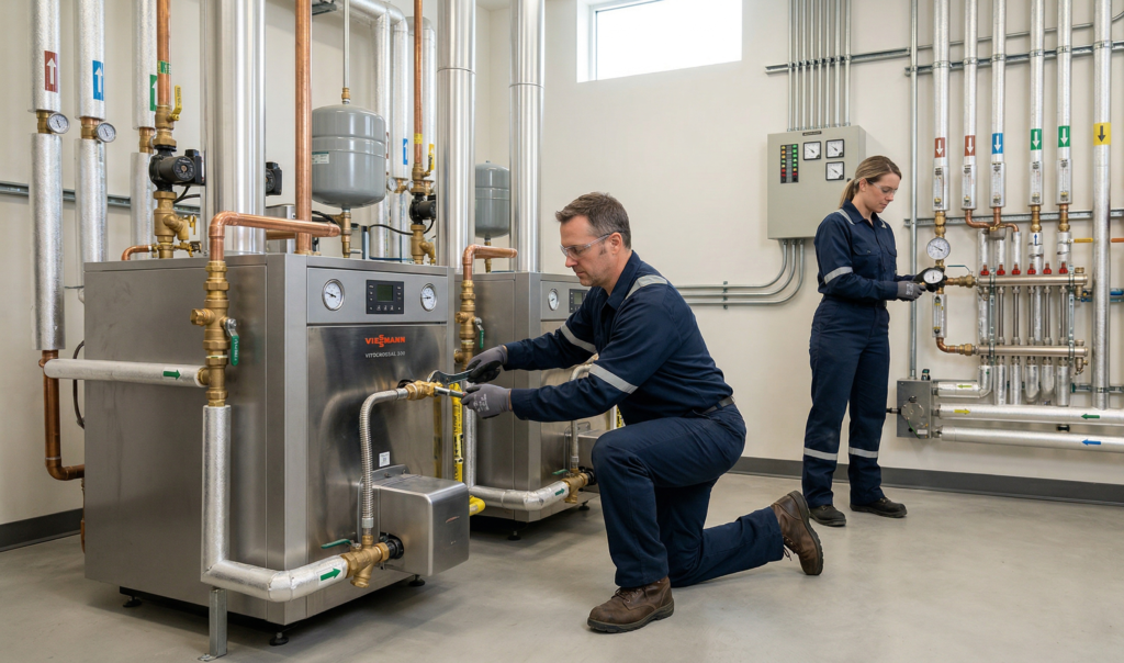 A clean and organized mechanical room following expert commercial plumbing services in Calgary.
