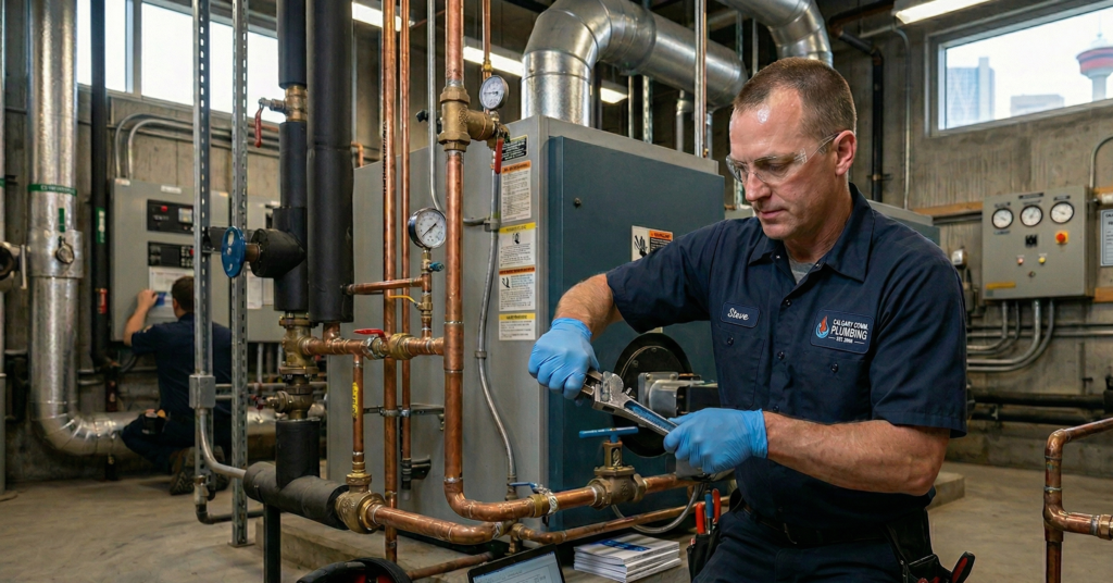 A clean mechanical room featuring equipment serviced through commercial plumbing services in Calgary.