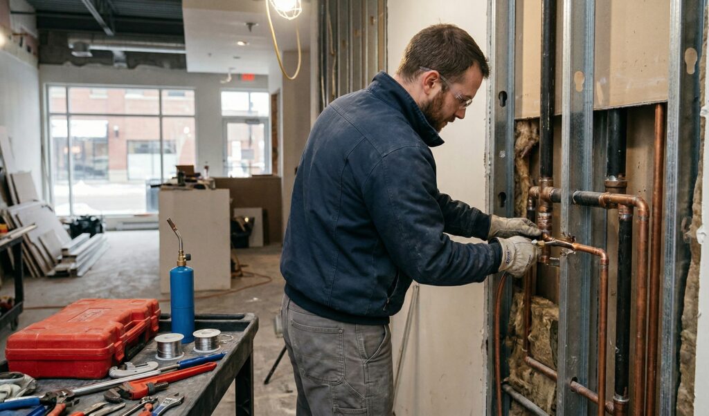 A professional Ray-Z Plumbing and Heating technician performing expert commercial renovation plumbing services in Calgary.