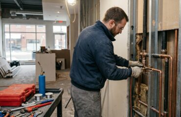 A professional Ray-Z Plumbing and Heating technician performing expert commercial renovation plumbing services in Calgary.