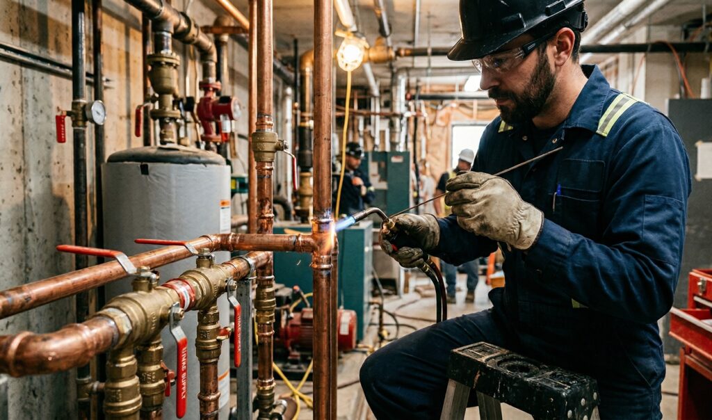 Technical close-up of a licensed plumber performing commercial renovation plumbing services in Calgary.