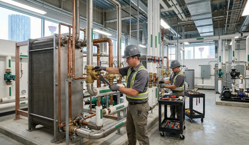 A clean and organized mechanical room environment following expert commercial renovation plumbing services in Calgary.