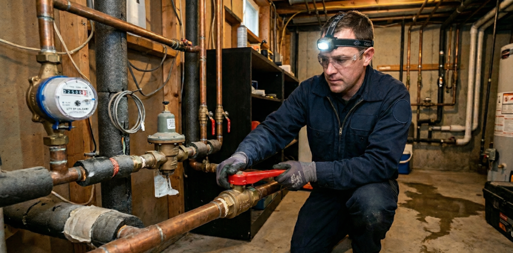 A professional technician performing urgent emergency plumbing services in Calgary at a residential property.