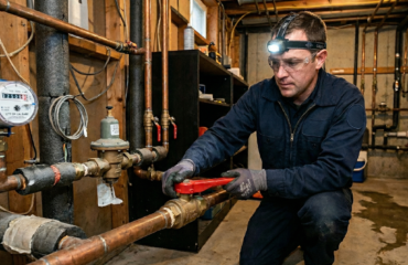 A professional technician performing urgent emergency plumbing services in Calgary at a residential property.