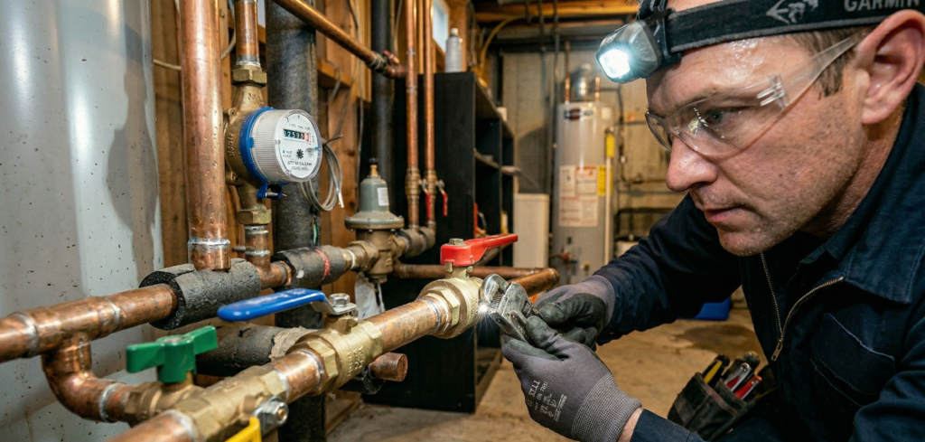 Technical close-up of emergency plumbing services in Calgary being performed by a licensed plumber.