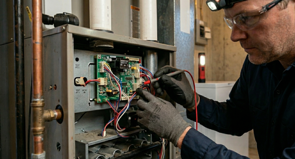Close-up technical shot of a licensed professional performing furnace repair services in Calgary.