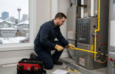 A professional Ray-Z Plumbing and Heating technician performing expert gas line installation services in Calgary.