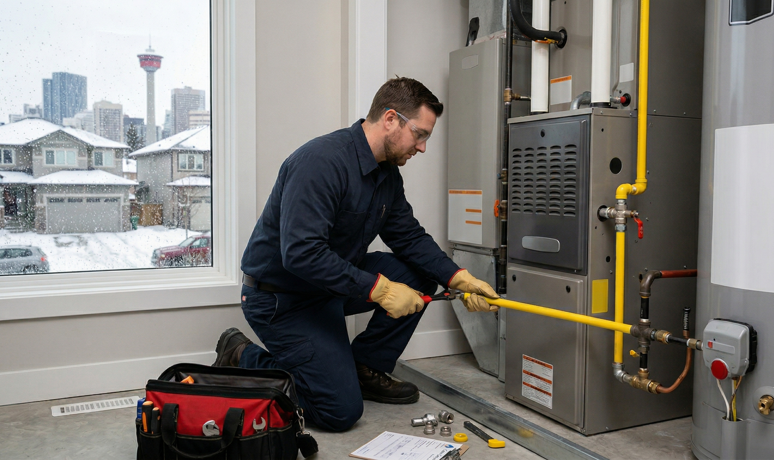 A professional Ray-Z Plumbing and Heating technician performing expert gas line installation services in Calgary.