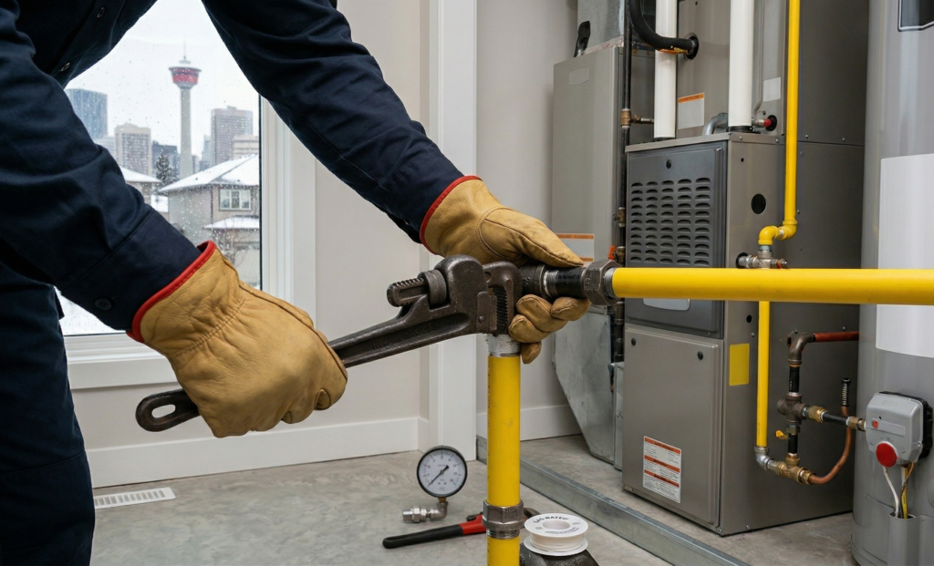 Technical close-up shot of professional gas line installation services in Calgary being performed by a licensed gas fitter.