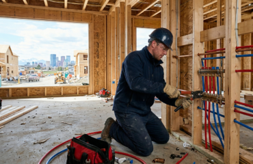 A professional Ray-Z Plumbing and Heating technician performing expert new construction plumbing services in Calgary at a residential site.