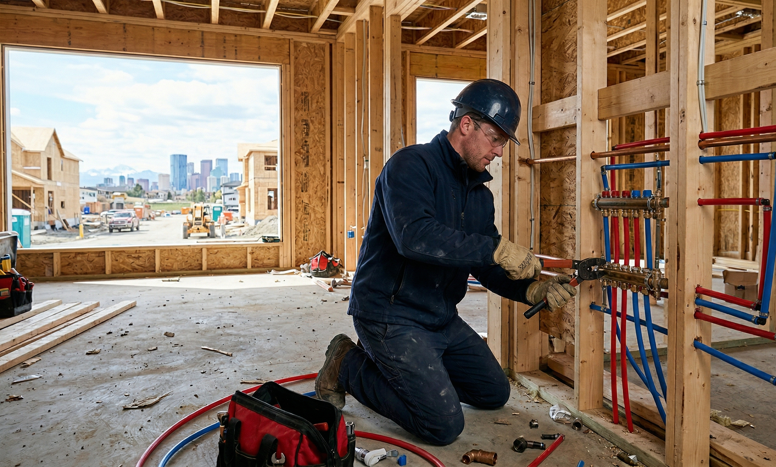A professional Ray-Z Plumbing and Heating technician performing expert new construction plumbing services in Calgary at a residential site.