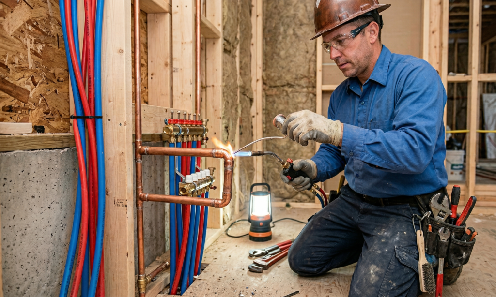 Technical close-up shot of professional new construction plumbing services in Calgary performed by a licensed Ray-Z plumber.