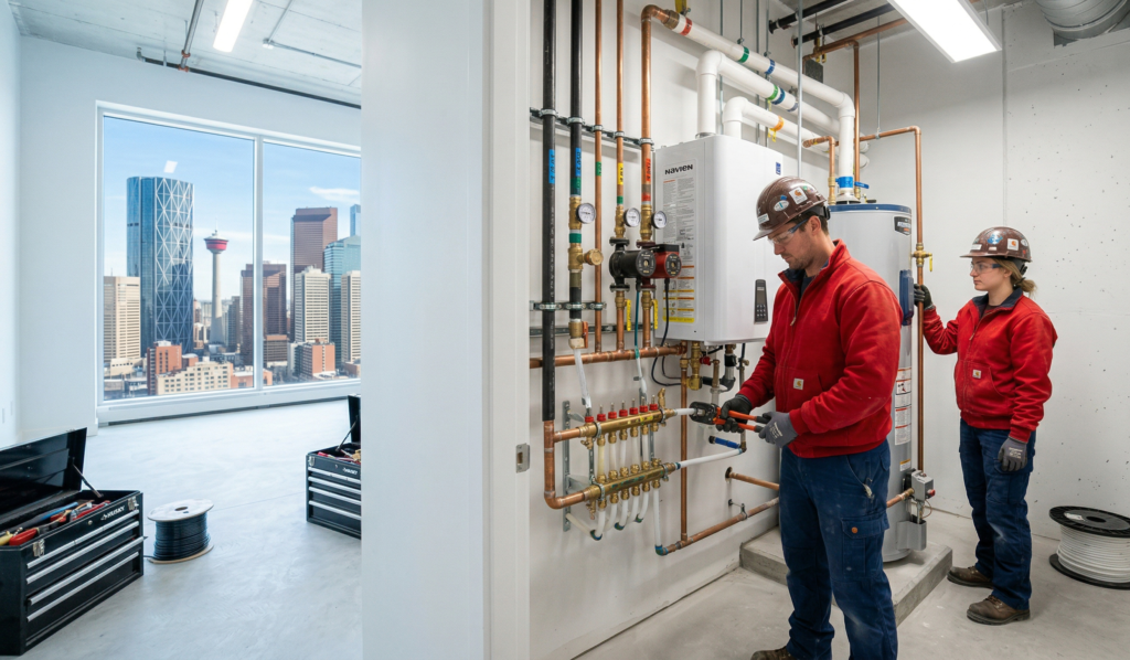 A clean and organized mechanical room environment installed as part of professional new construction plumbing services in Calgary.