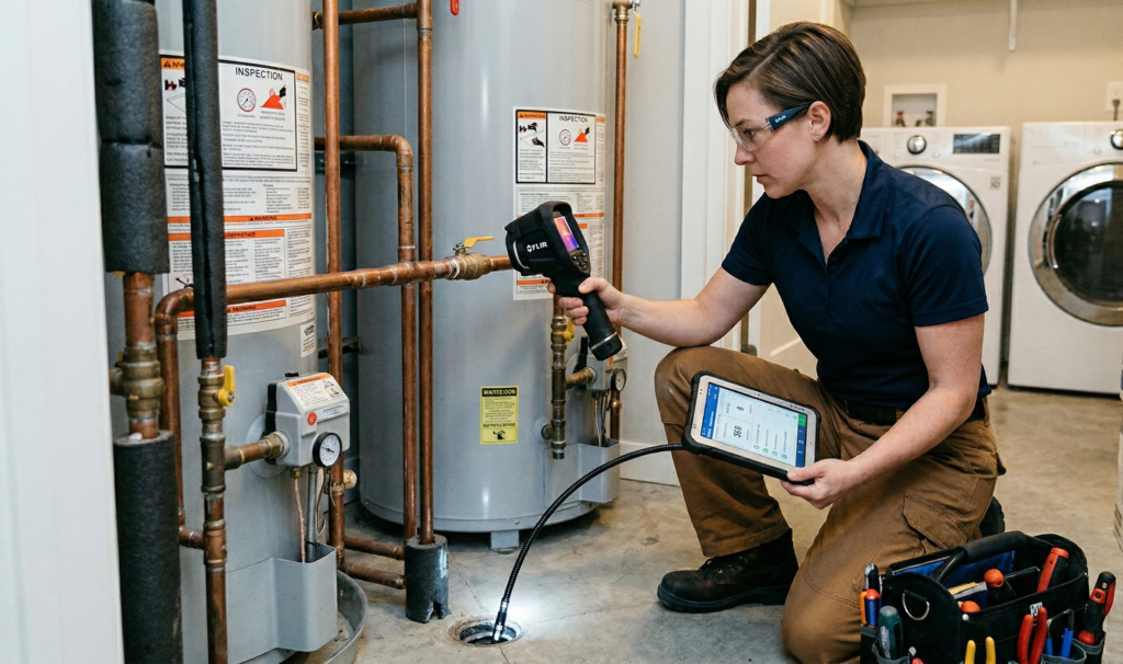 A professional Ray-Z Plumbing and Heating technician performing expert plumbing inspection services in Calgary.