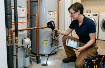A professional Ray-Z Plumbing and Heating technician performing expert plumbing inspection services in Calgary.