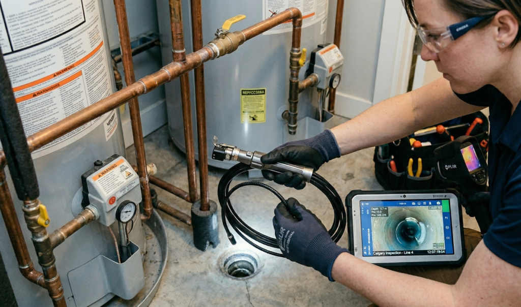 Technical close-up shot of professional plumbing inspection services in Calgary performed by a licensed plumber.